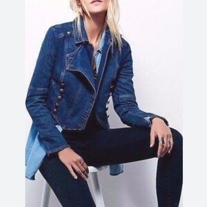 Free People Denim military band double breasted Jacket with Brass Buttons
